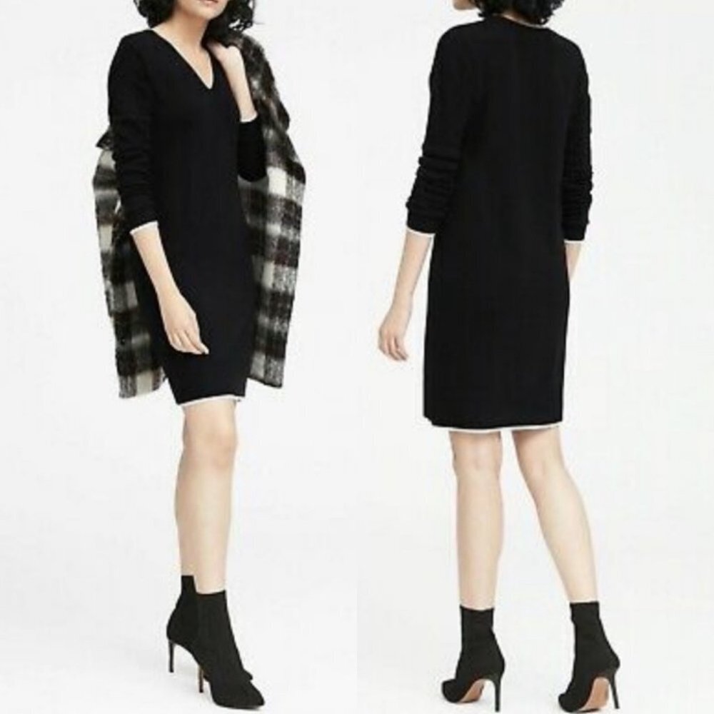 Banana Republic Cashmere Merino Wool Sweater Dress Black V-Neck White Trim XS